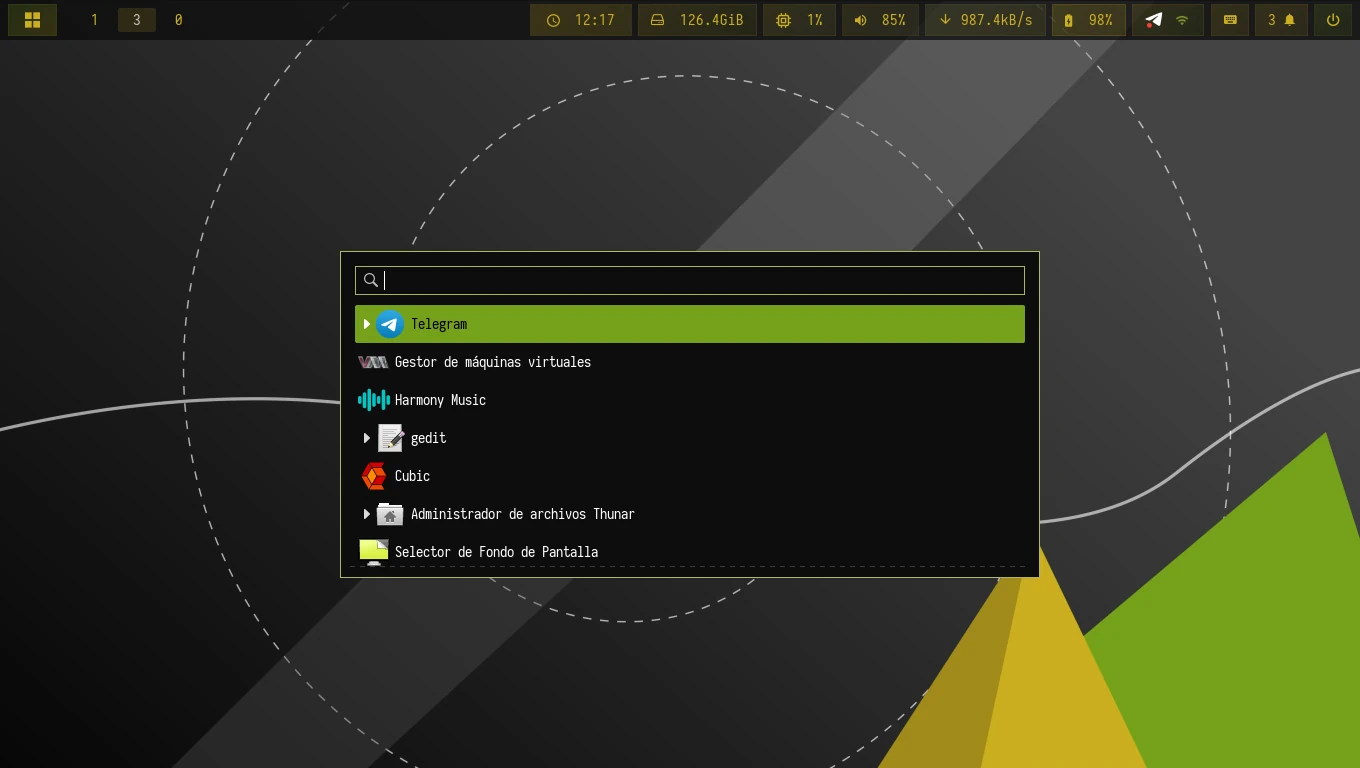 Escritorio de CuerdOS Linux con entorno Sway, mostrando Waybar superior y launcher Wofi con fondo geométrico abstracto en tonos verdes y oscuros